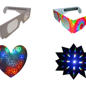 May include: Two pairs of paper diffraction glasses, one plain white and one with a colorful tie-dye spiral pattern, alongside two light effect overlays showing multiple glowing hearts and a starburst pattern with rainbow light diffraction.