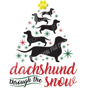 Dachshund a través del perro de nieve Linda Navidad Doxen Felices vacaciones SVG PNG Archivo de corte digital Hierro en transferencia Calcomanía impresa con tobogán de agua transparente