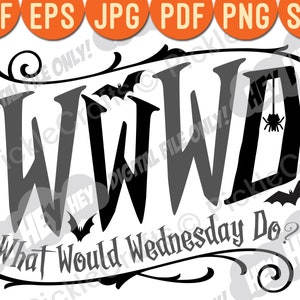 Pode incluir: Design gráfico preto e cinza com o texto "What Would Wednesday Do?" e uma aranha pendurada em uma teia. O gráfico é cercado por morcegos e videiras.