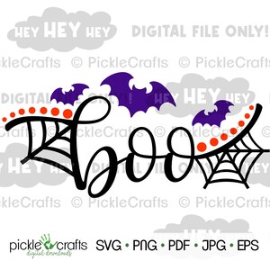 May include: A black and white illustration of a spider web with orange and red beads. The word "Boo" is written in a black cursive font. Two purple bats are flying above the web. The text "HEY HEY HEY" is written in white on a gray cloud.