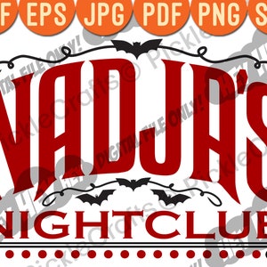 Puede incluir: Diseño gráfico rojo y negro con el texto "Nadja's Nightclub" con murciélagos y un adorno decorativo.