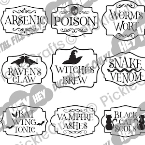May include: Nine black and white Halloween potion bottle labels with spooky names like "Arsenic", "Poison", "Worm's Wort", "Raven's Claw", "Witches Brew", "Snake Venom", "Bat Wing Tonic", "Vampire Ashes", and "Black Cat Souls".