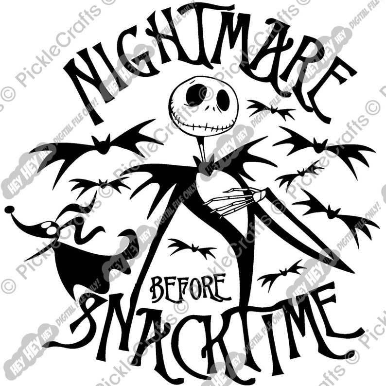 Puede incluir: Ilustraci&oacute;n en blanco y negro de Jack Skellington de Pesadilla Antes de Navidad. Est&aacute; sosteniendo un perro y el texto dice "Nightmare Before Snacktime".