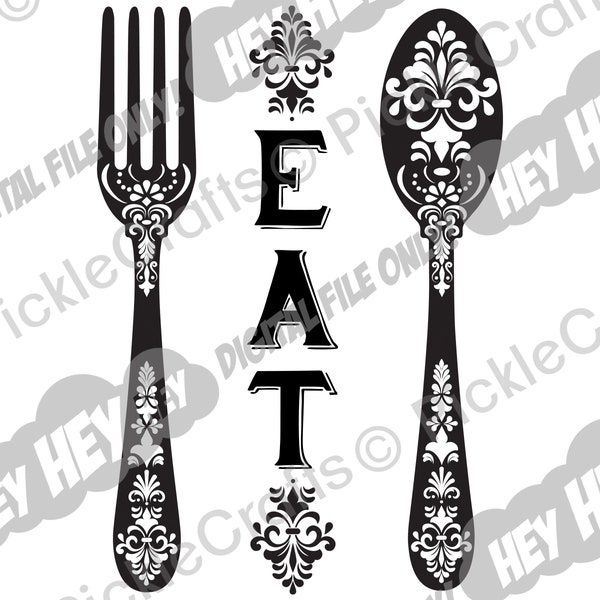 Kitchen Decor Sign Eat Spoon Fork Damascus Chef SVG PNG Digital Cut File Iron on Transfer Sublimation Design Waterslide Decal