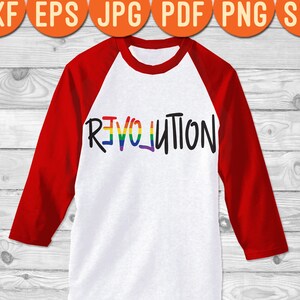 May include: A white and red baseball tee shirt with the word "REVOLUTION" printed in rainbow colors across the front.