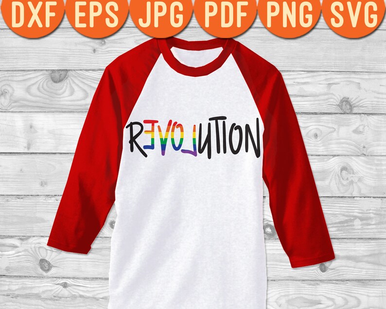 May include: A white and red baseball tee shirt with the word "REVOLUTION" printed in rainbow colors across the front.