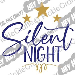 Puede incluir: Un diseño azul y dorado con el texto "Silent Night" en una fuente cursiva. El diseño presenta cinco estrellas doradas y un remolino dorado.