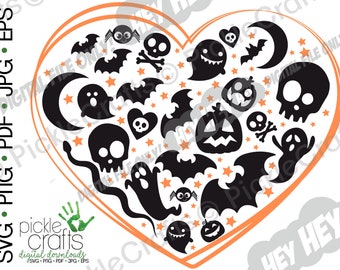 May include: A black and orange heart-shaped design filled with Halloween icons, including bats, ghosts, skulls, pumpkins, and stars. The design is perfect for crafting projects, scrapbooking, or creating Halloween decorations.