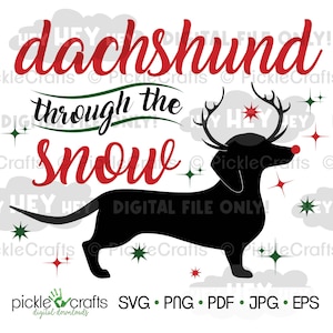 Teckel door de sneeuw-enkele hond Kerstmis Happy Holidays SVG PNG digitale cut-bestand opstrijkbare overdracht sublimatie ontwerp gedrukte sticker