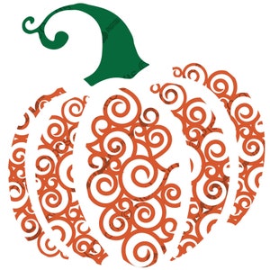 May include: Orange pumpkin with a green stem, decorated with a swirling pattern of orange and white.