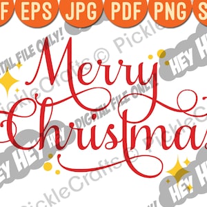 May include: Red cursive text that reads "Merry Christmas" with yellow stars on a white background.