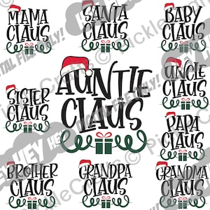 Noël Claus Noms de famille Tante Oncle Mama Papa Grand-mère Père Noël SVG PNG Digital Cut File Design Fer à repasser sur toboggan d’eau Décalcomanie imprimée