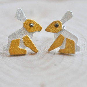 Two Tone Rabbit Earrings in 100% Sterling Silver, Sterling Silver Earrings, Rabbit Earrings, Bunny Earrings, Bunny Rabbits; Origami Earrings