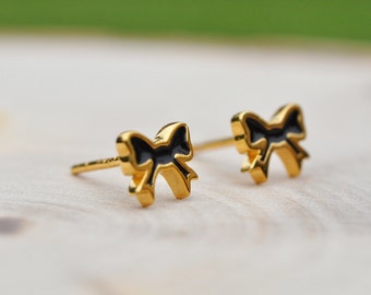 Black and Gold Bow Sterling Silver Earrings, Bow Earrings, Sterling Silver Earrings, Sterling Silver Jewelry, 100% Sterling Silver