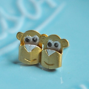 3D Gold Monkey Earrings in 100% Sterling Silver, Monkey Earrings, Monkey Jewelry, Animal Lovers, Sterling Silver Earrings; Origami Jewelry