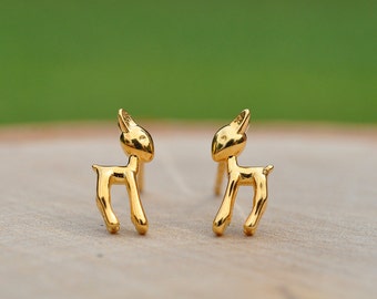 Adorable Gold Deer Earrings in 100% Sterling Silver 925, Animal Jewelry, Forest Animal Jewelry, Animal Lovers, Children's Earrings