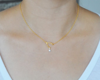 Gold Sideways Wishbone Sterling Silver Necklace, Matte Gold Necklace, Wishbone Necklace, Sideways Wishbone, 100% Sterling Silver Jewelry 925