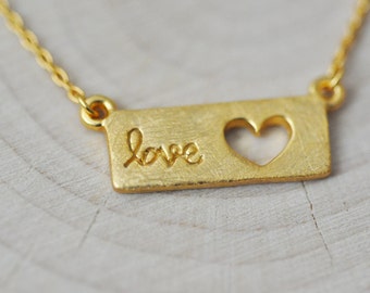 Sterling Silver Love Necklace, Brushed Matte Gold Necklace, Name Plate Necklace, Love Necklace, Heart Necklace, 100% Sterling Silver Jewelry