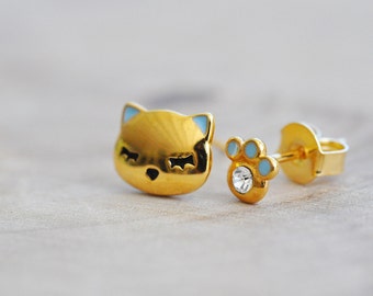 Gold Cat and Paw Earrings in Sterling Silver, Cat Earrings, Animal Earrings, Animal Jewelry, Cat Lover, Gold Earrings, Childrens Jewelry