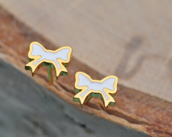 White and Gold Bow Sterling Silver Earrings, Bow Earrings, Sterling Silver Earrings, Sterling Silver Jewelry, 100% Sterling Silver