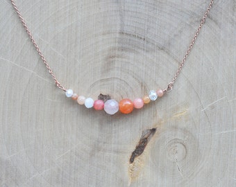 Peach and Pink Assorted Stone Necklace in Sterling Silver, Multi Color Stone Necklace, Rose Gold Necklace, Sterling Silver 925 Jewelry