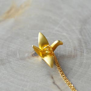 Gold Sterling Silver Matte Origami Crane Necklace,  Origami Jewelry, Gold Crane Pendant, Origami Necklace, Origami Crane