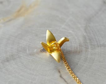 Gold Sterling Silver Matte Origami Crane Necklace,  Origami Jewelry, Gold Crane Pendant, Origami Necklace, Origami Crane