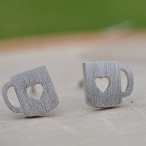Sterling Silver Brushed Matte Love Mug Earrings, Love Earrings, Heart Earrings, Cute Earrings, Sterling Silver Earrings