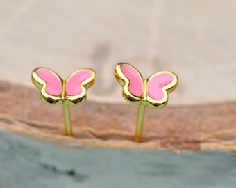 Pink and Gold Butterfly Sterling Silver Earrings, Children's Jewelry, Kids Jewelry, Butterfly Earrings, Sterling Silver Jewelry