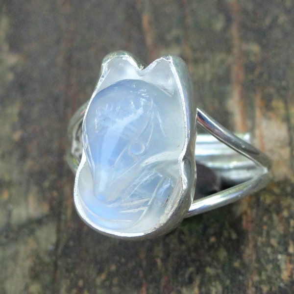 925 Rainbow Moonstone carved FOX Ring, Sterling Silver, Natural Stone Moonstone Adjustable Ring size 7 8 9 10 Moonstone Fox Ring Handmade