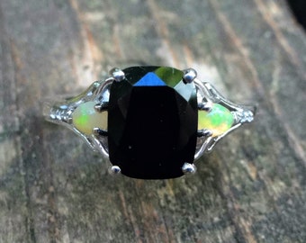 925 Black Tourmaline, Opal & Diamond Ring size 9, Natural Stone, Black Tourmaline Ethiopian Rainbow Opal Diamond Ring, Gemstone Handmade