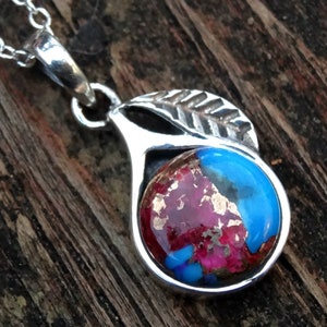 925 - sierlijke roze stekelige oester in blauw turkoois ketting, sterlingzilveren stekelige oester hanger, natuursteen hanger botanische ketting