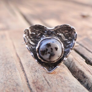 925 - Heart Dendritic Opal Sterling Silver ring Size 6.5, Natural Merlinite Heart Ring Size 6 7, 925 Silver Dendritic Opal Dainty Heart ring