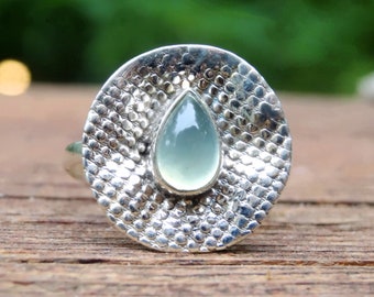 Handmade Green Prehnite Sterling Silver Ring - Natural Stone, Size 8