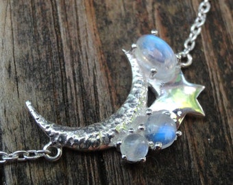 925 - Collana girocollo in pietra di luna arcobaleno, argento sterling, collana con luna e stella in pietra di luna celeste, pietra naturale, girocollo lunare, girocollo in pietra di luna