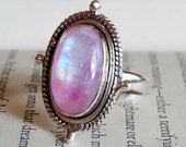 925 - Pink Moonstone Sterling Silver Ring Size 10.5, Pink Rainbow Moonstone Ring, Natural Stone Pink Moonstone Statement Ring Size 10 11,