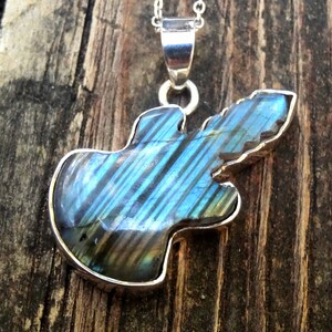 925 - Guitar Labradorite Necklace, Sterling Silver, Natural Blue bow RainLabradorite pendant, Labradorite Carved Stone Instrument Pendant
