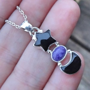 925 Star & Moon Purple Charoite, Black Onyx Necklace, Sterling Silver, Natural Stone Pendant, Lapis Lazuli Statement Star Celestial OOAK