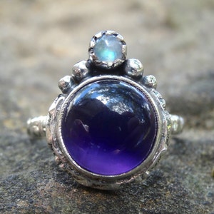 925 Amethyst and Rainbow Moonstone Silver Ring, Natural untreated stones, Sterling Silver Multi Gemstone Ring, Amethyst Moonstone Jewelry