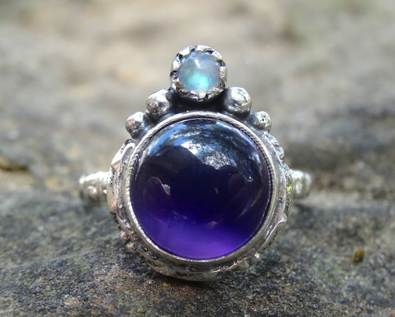 925 Amethyst and Rainbow Moonstone Silver Ring, Natural untreated stones,  Sterling Silver Multi Gemstone Ring, Amethyst Moonstone Jewelry