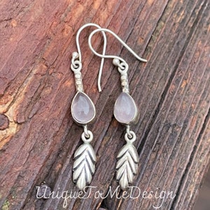 925 Rose Quartz Sterling Silver Earrings - Pink Quartz Earrings - Angel Wing Earrings - Natural Stone Rose Quartz Earrings - Handmade