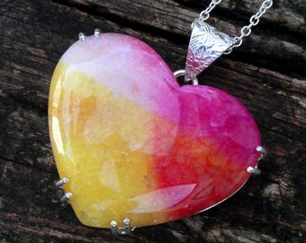 925 - Regenbogen Solar Quarz Herz Halskette, Naturstein, Silber Multi Color Herz Edelstein Anhänger, große Quarz OOAK Edelstein Aussage