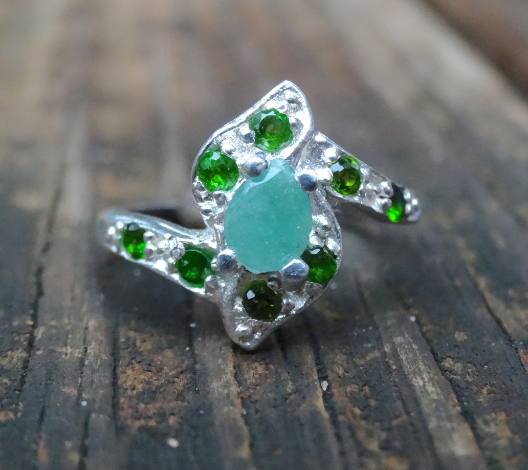 925 Natural Green Emerald & Chrome Diopside Ring Size 7, Sterling ...