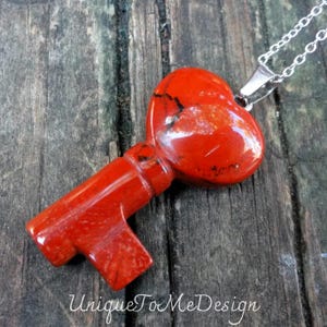 Heart Key - 925 Red Jasper Sterling Silver Necklace, 925 Sterling Silver Key pendant, Natural stone, Carved Key necklace, Heart pendant, Key
