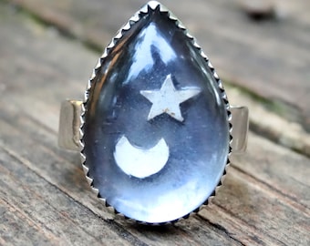 Handmade Sterling Silver Quartz Ring: Moon & Star Celestial Statement