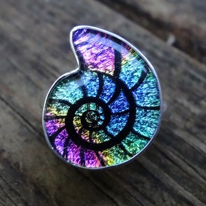 925 - Nautilus Dichroic Glass Ring size 10, Sterling Silver, Nautilus Dichroic Glass Rainbow Ring 10, Silver Handmade Ring, Large Shell Ring