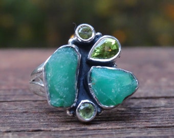 Handmade Raw Chrysoprase & Peridot Sterling Silver Ring - Size 7.5
