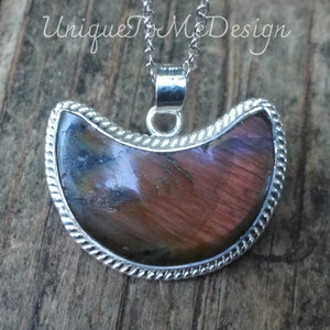 925 - Natural Pink Labradorite Necklace, Sterling Silver Natural Stone, Pink Purple Labradorite Pendant, Crescent Moon gemstone necklace