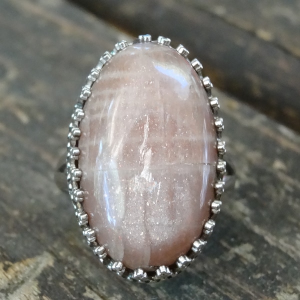 925 - Juicy Large Peach Moonstone Ring Size 10, Sterling Silver, Natural Stone, Oval Statement Ring Size 10, Peach Moonstone handmade ring