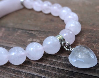 Handmade Rose Quartz Beaded Stretch Bracelet, Sterling Silver Heart